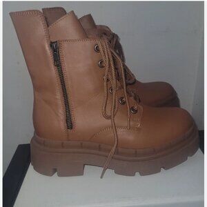 NIB Sheridan Mia Bela Brown Leather ChunkyPlatform ChunkyHeel Combat Boot 39/8.5